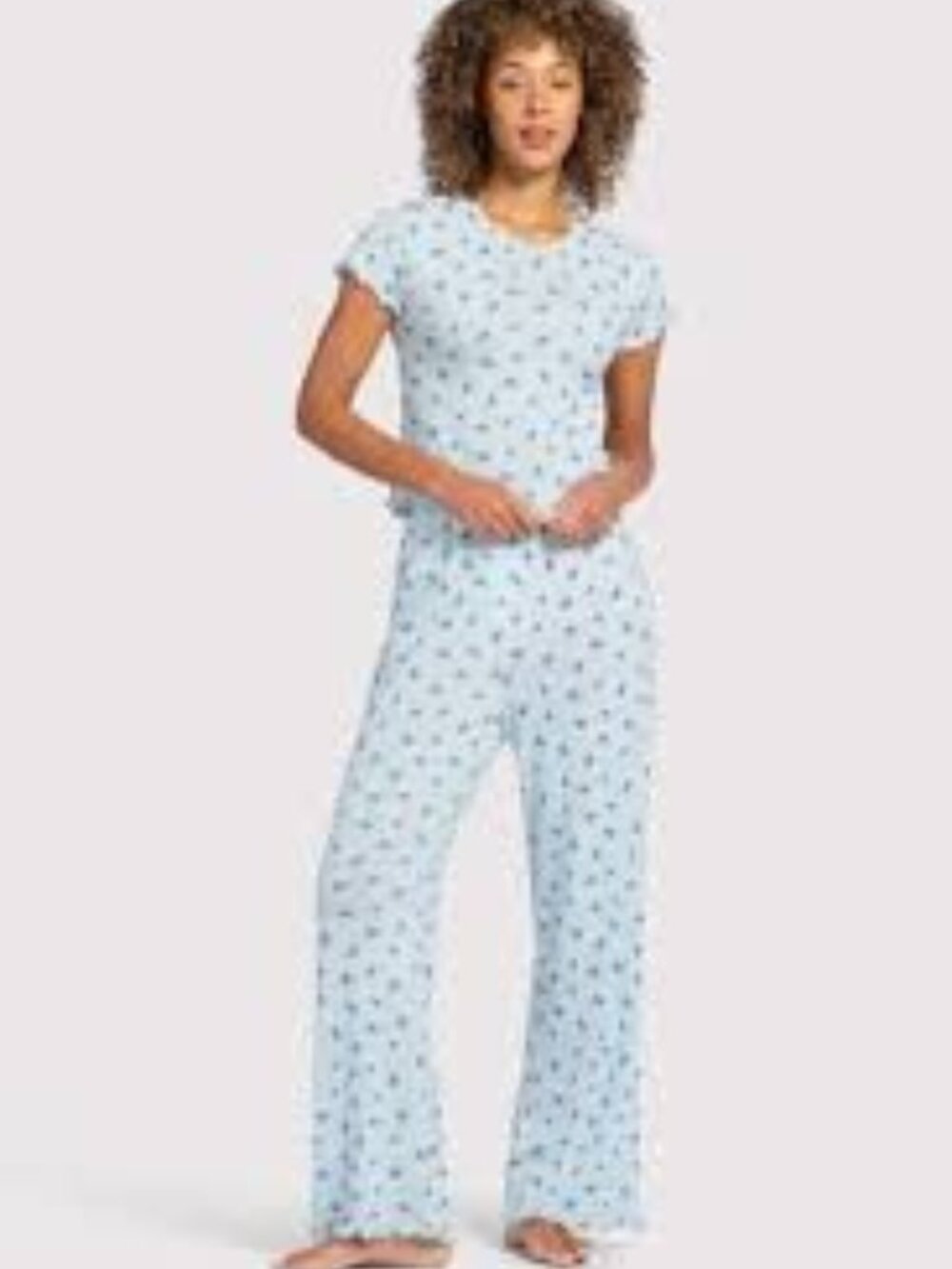 Nuuds Ditsy Floral Pointelle Blue Pajama Set Size S/M